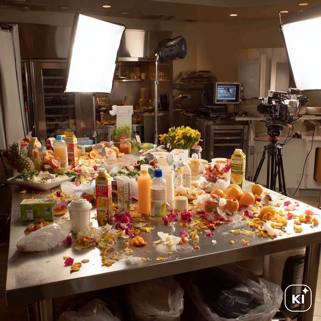 Hinter den Kulissen eines professionellen Foodfoto-Studios: Zutaten, Equipment und ein Mülleimer voller weggeworfener Lebensmittel